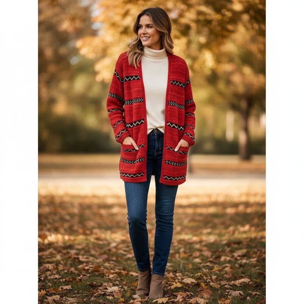 LAUREN RALPH LAUREN Women's Hand Knit Aztek Southwest Red Cardigan Sweater Sz L
